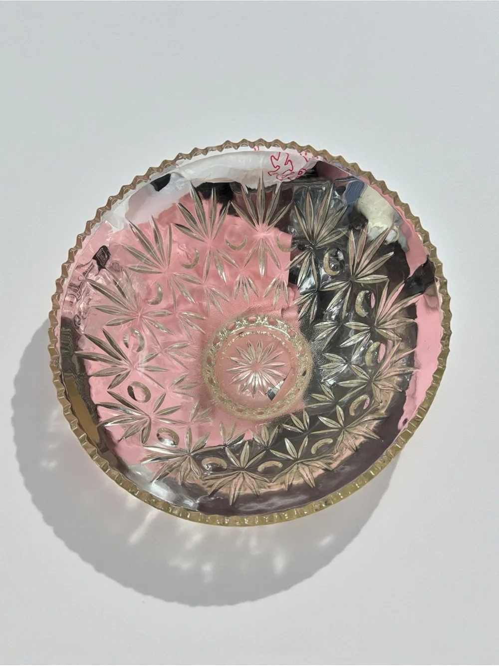 Pressed Glass Pink Centerpiece Bowl with Star Pattern